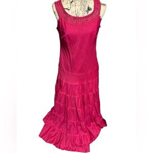 Jones Wear Maxi Dress Size 12 Pink Cotton Flowy Tiered Sleeveless Crochet Neck